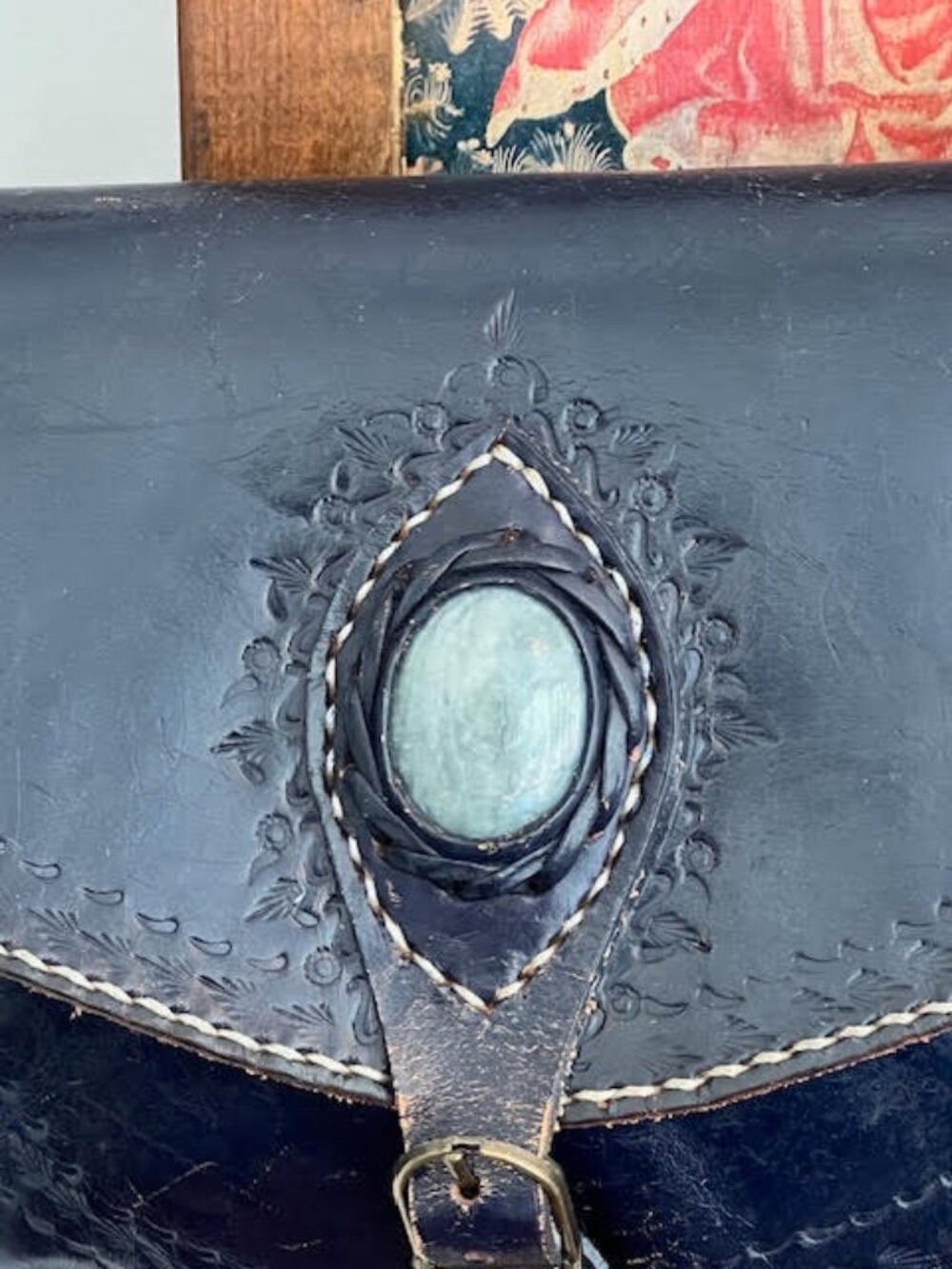 Hand-Painted Tooled Leather Bag with Semi-precious Inlaid Cabochon - Picture 3 of 10